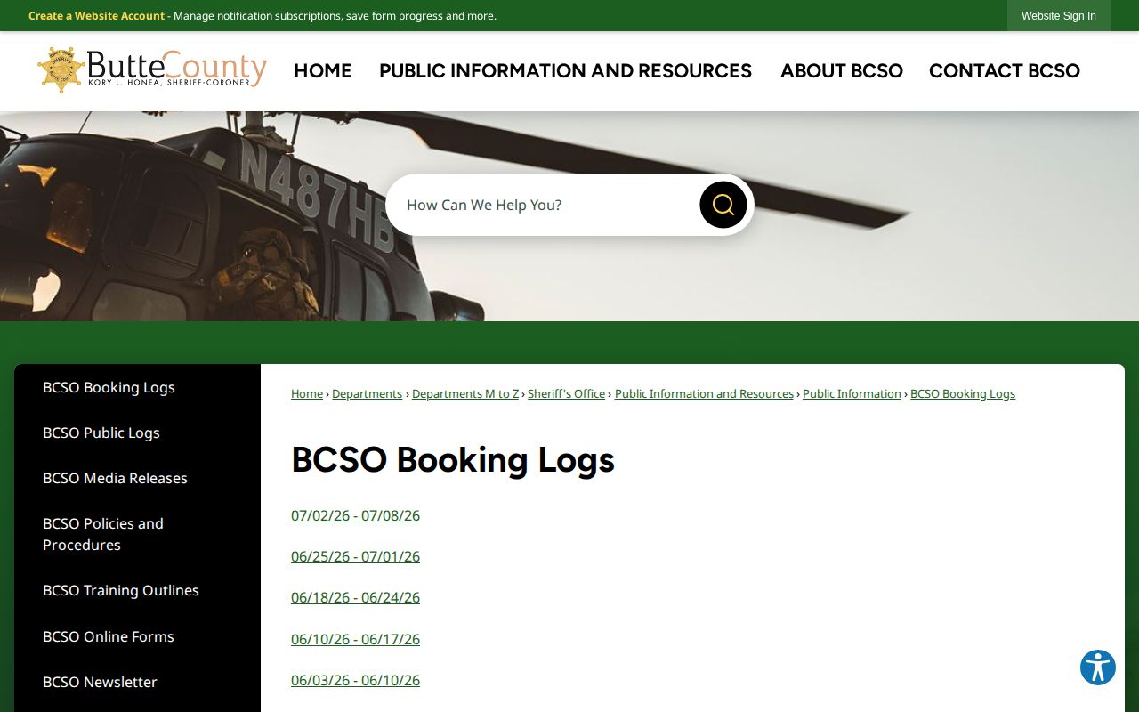 Butte County released inmates weekly booking logs page