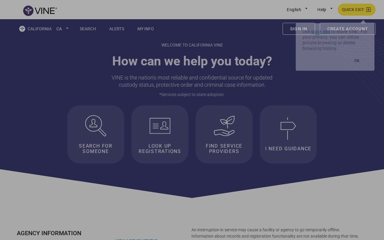 California VINELink state search page